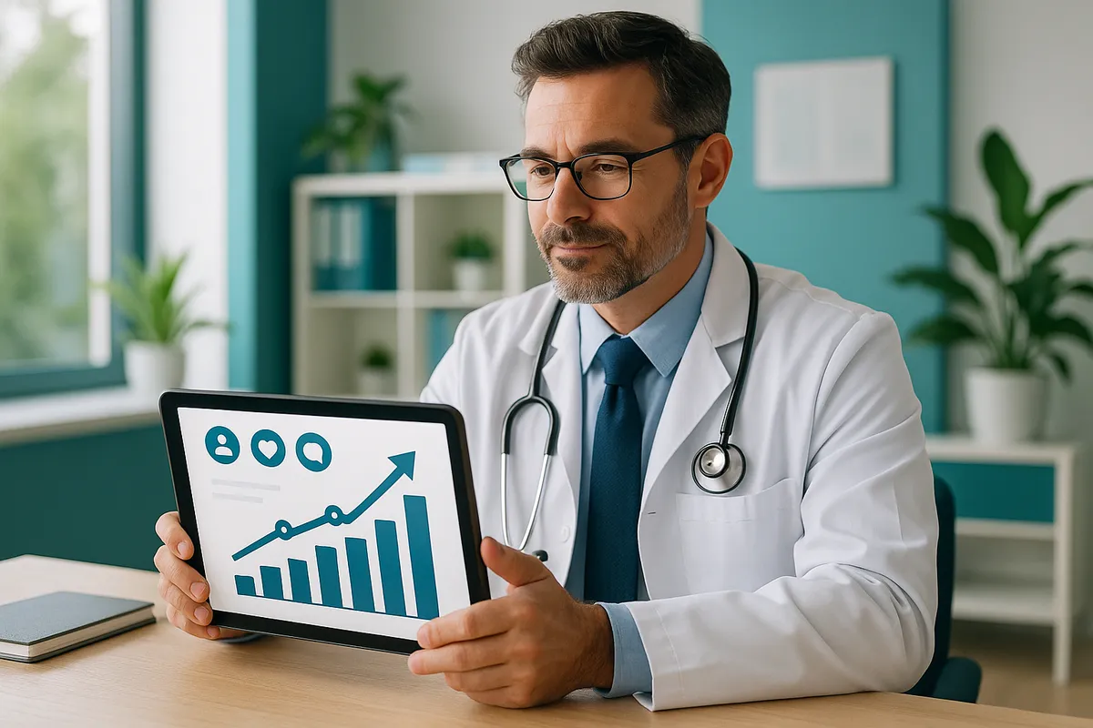 Physician reviewing social media analytics on tablet — SocialRx manages your social presence